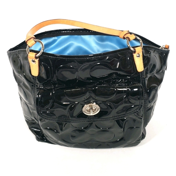 Coach Black Tote Patent Leather Turn Lock Blue - Picture 2 of 14